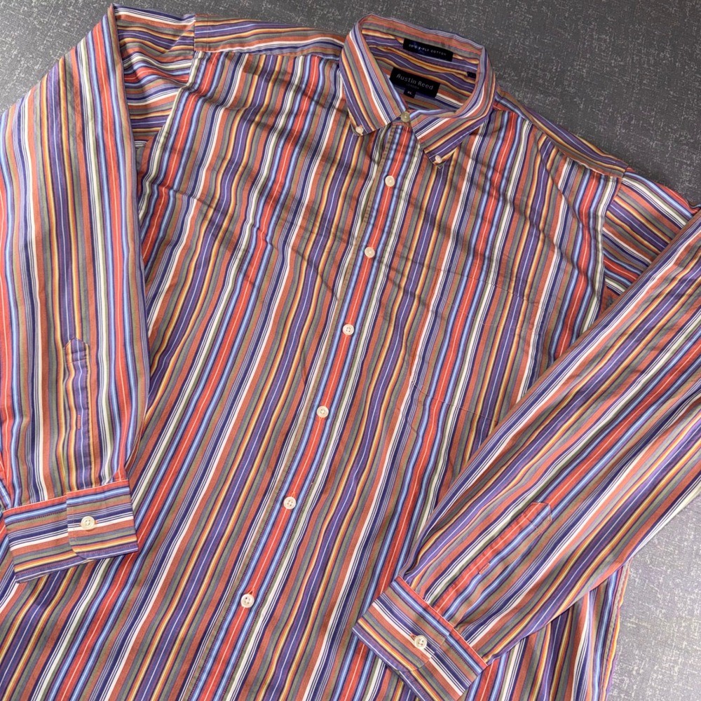 Austin Reed London Mens XL Striped Button Down Shirt 80s 2-Ply Cotton Colorful